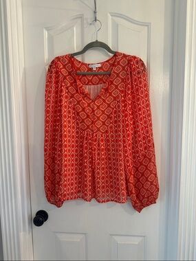 Maison d Amelie Red Patterned V-Neck Long Sleeve Blouse
